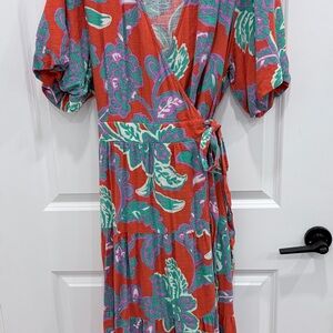 Floral Wrap Dress in orange and green